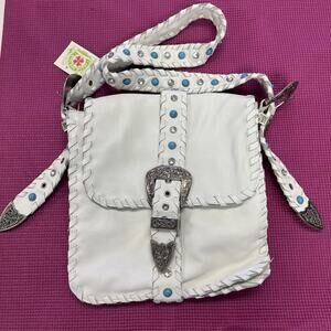 NEW RARE Charm and Luck White Crystal Studded Western Leather Crossbody bag